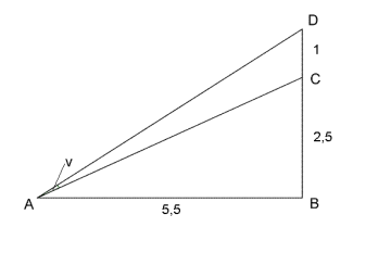 Figuren viser en rettvinklet trekant ABC, med AB=5,5 og BC=2,5. Linjestykket BC forlenges til et punkt D slik at CD=1. Det trekkes så et linjestykke fra A til D. Hvor stor er vinkel v = vinkel DAC?